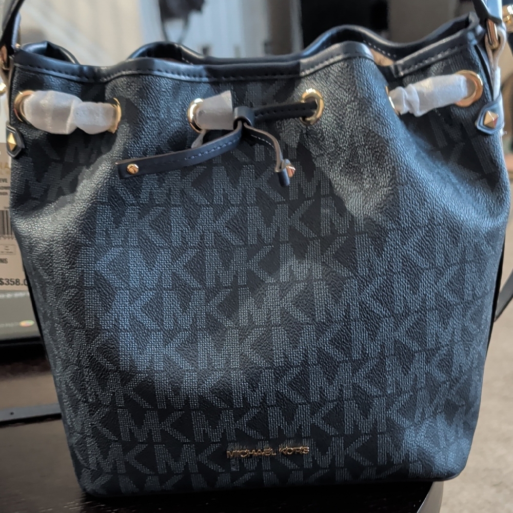 Michael Kors Black MK Logo Drawstring Bucket Bag with Gold Hardware
